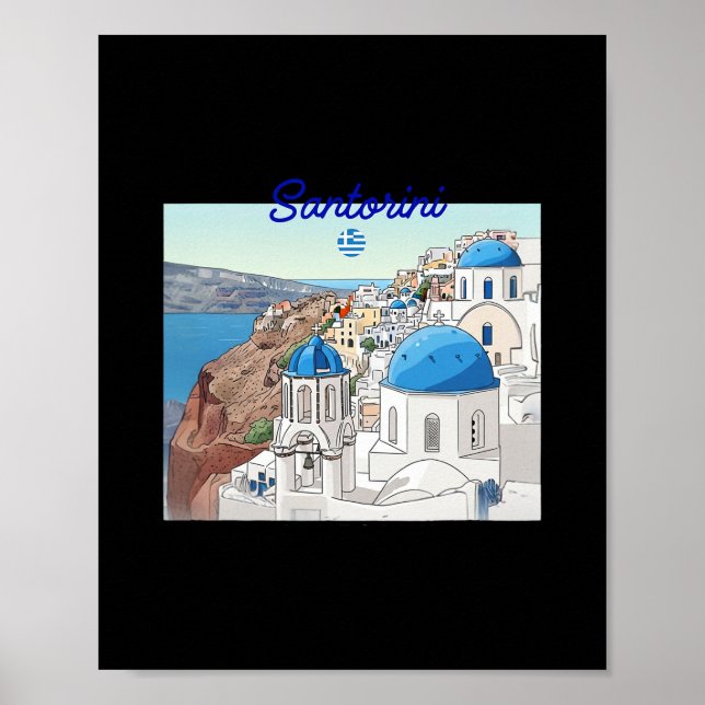 Affiche Santorin Grèce Drapeau Grec Art de vacances Dôme B (Devant)
