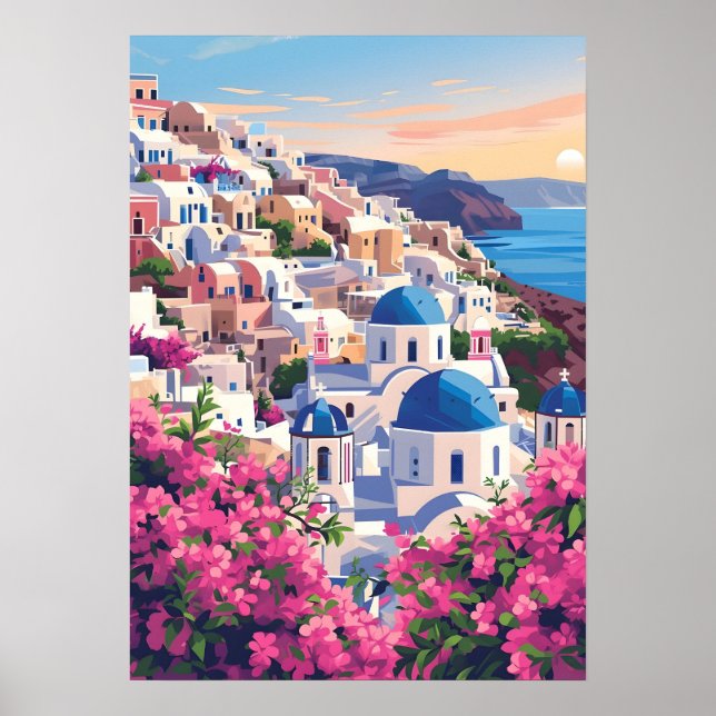 Affiche Santorin Oia Grèce Coucher de soleil Murale Côtièr (Devant)