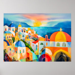 Affiche Santorin vibrante aux dômes colorés