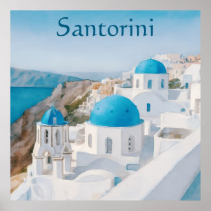 Affiche Santorin, village grec aux dômes bleus