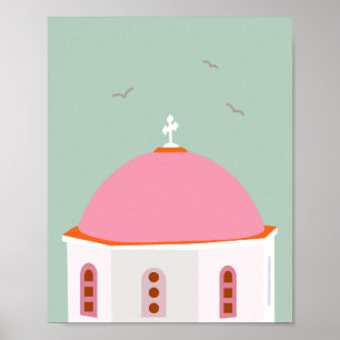 Affiche Santorin Voyage Grèce Rose Et Vert