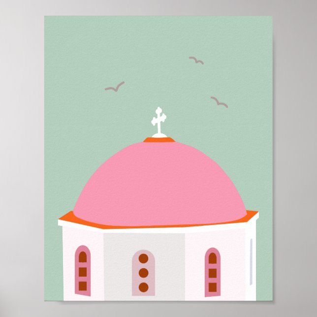 Affiche Santorin Voyage Grèce Rose Et Vert (Devant)