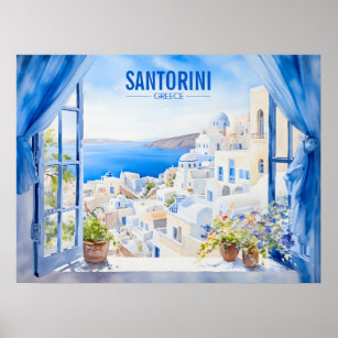 Affiche Santorini Aquarelle Peinture Grèce Voyage   Art