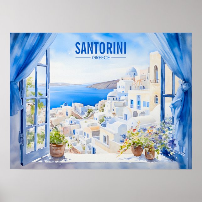 Affiche Santorini Aquarelle Peinture Grèce Voyage | Art (Devant)