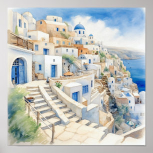 Affiche Santorini Grèce Carré de peinture aquarelle