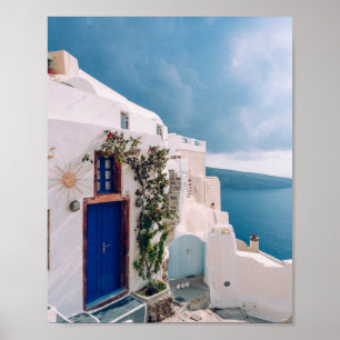 Affiche Santorini Grèce - porte bleue à santorini grèce