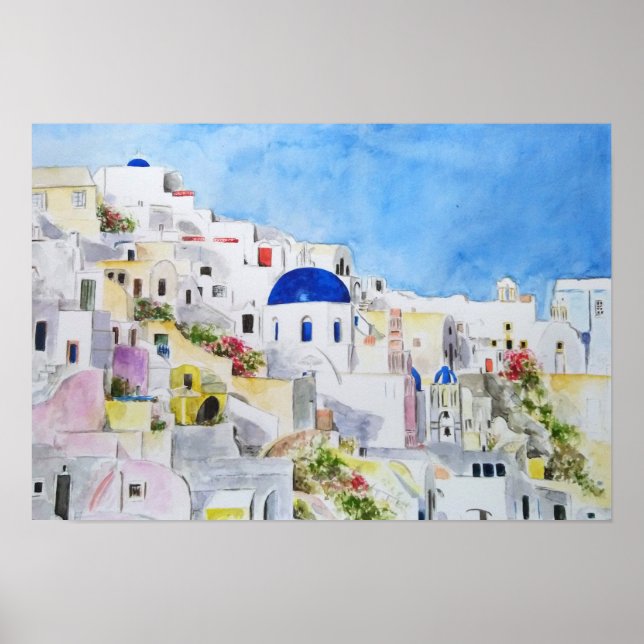 Affiche Santoroni Grèce Aegean peinture d'aquarelle de mer (Devant)