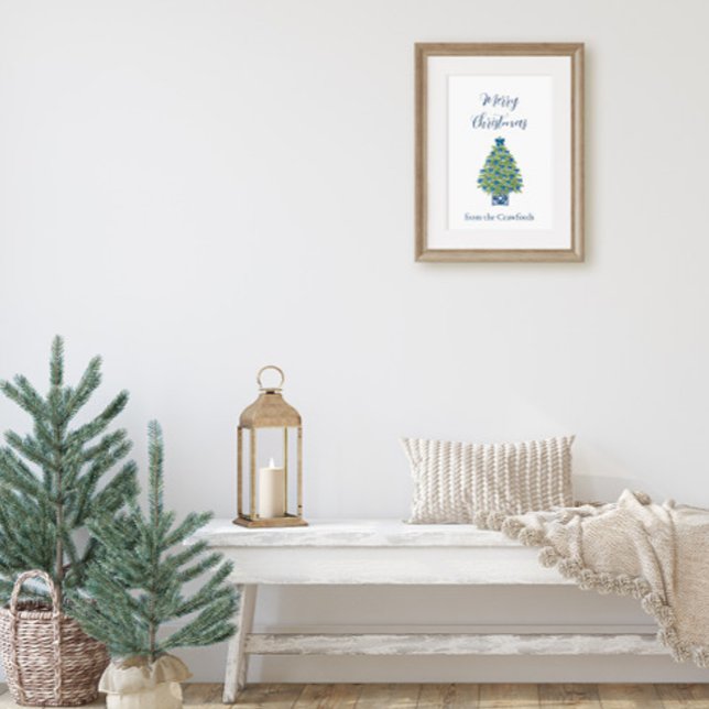 Affiche Sapin de Noël bleu et blanc de style Chinois (Chinoiserie Christmas Tree Poster)