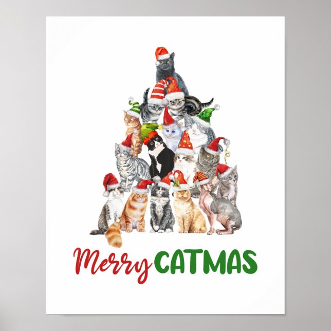 Affiche Sapin de Noël Chat Amoureux des Chats Noël Fêtes  (Devant)