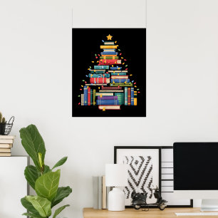 Affiche Sapin de Noël drôle fait de livres Bibliothécaire
