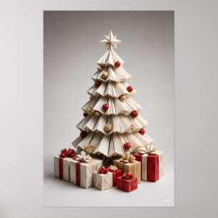 Affiche Sapin de Noël en origami avec des cadeaux