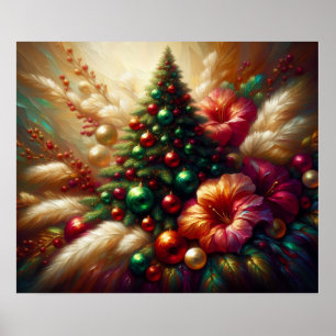 Affiche Sapin de Noël et fleurs sur un beau mur