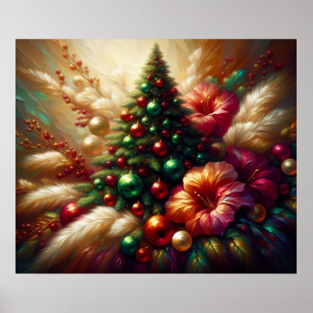Affiche Sapin de Noël et fleurs sur un beau mur (Devant)