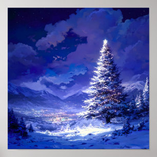 Affiche Sapin de Noël lumineux paysage de montagne enneigé