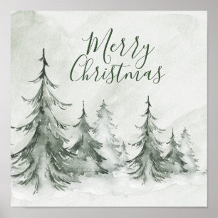 Affiche Sapins de Noël à l'aquarelle Hiver, Fête de Noël