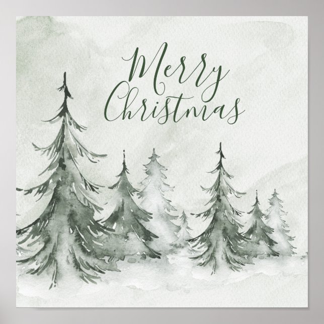 Affiche Sapins de Noël à l'aquarelle Hiver, Fête de Noël (Devant)