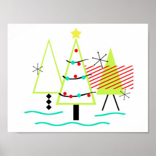 Affiche sapins de noël rétro modernes du milieu du siècle