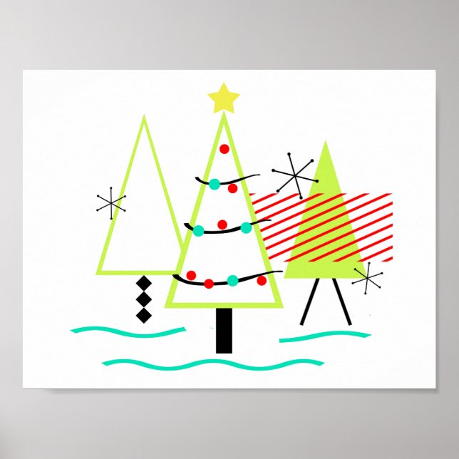 Affiche sapins de noël rétro modernes du milieu du siècle (Devant)