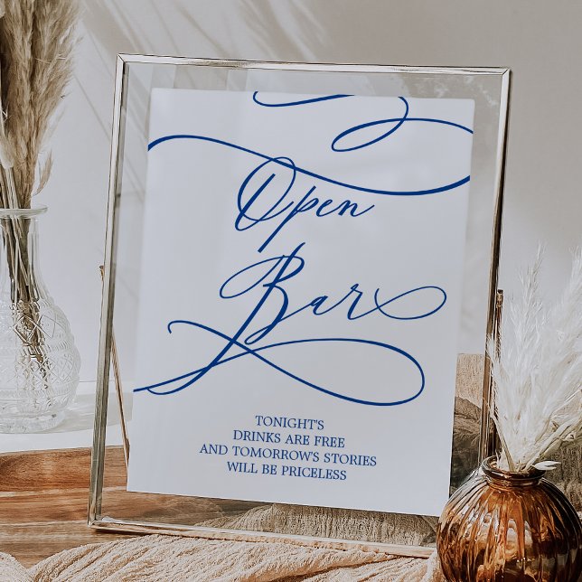 Affiche Sapphire romantique Blue Calligraphie Open Bar Sig (Romantic Sapphire Blue Calligraphy Open Bar Sign)
