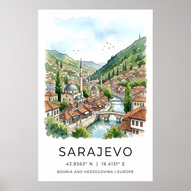 Affiche Sarajevo Watercolor Print, Cityscape with Mosque (Devant)