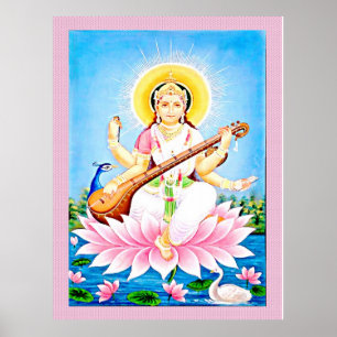 Affiche Saraswati assis sur une fleur de lotus