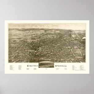 Affiche Saratoga Springs, carte panoramique de NY - 1888