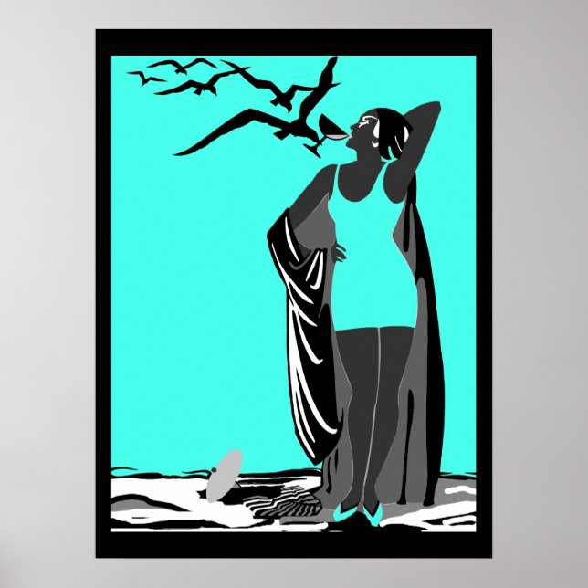 Affiche sarcelle ART DECO FEMME Oiseaux noir blanc (Devant)
