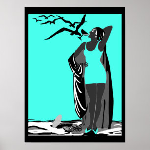 Affiche sarcelle ART DÉCO FEMME Oiseaux noirs et b