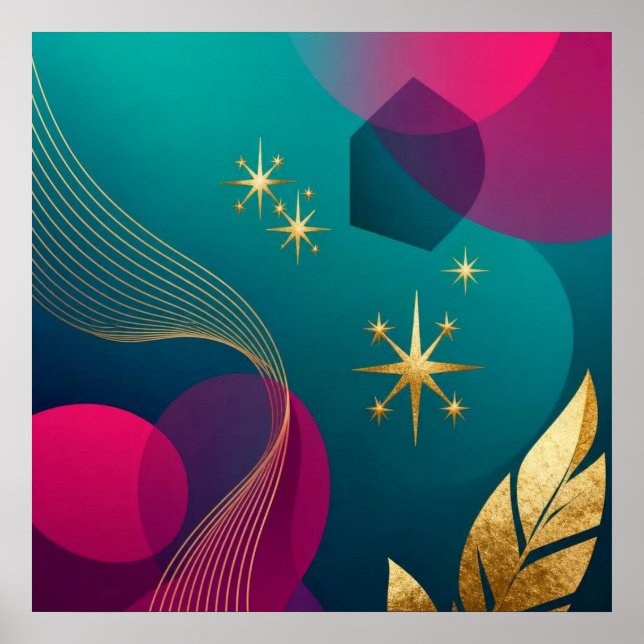 Affiche Sarcelle Et Fuchsia Moderne Abstrait Avec Étoiles  (Devant)