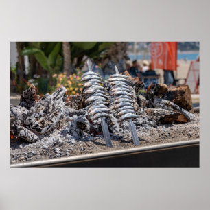 Affiche Sardines fraîches grillant sur la flamme ouverte s