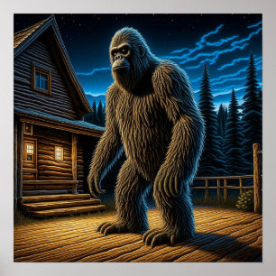 Affiche Sasquatch devant une cabane en rondins dans les bo