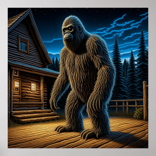 Affiche Sasquatch devant une cabane en rondins dans les bo (Devant)