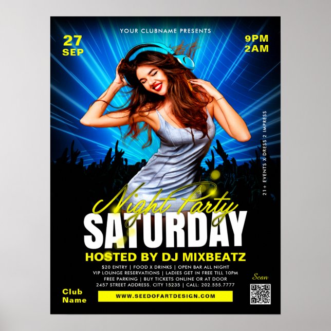 Affiche Saturday Night Party Girl Dancing Club Event (Devant)