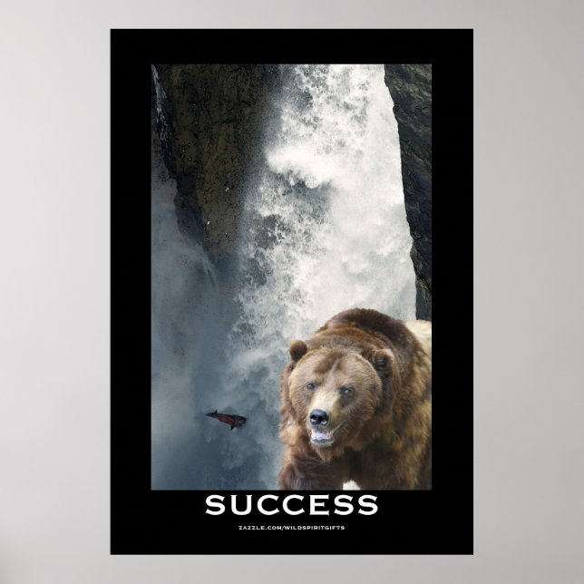Affiche Saumon d'ours Grizzly et chute d'eau (Devant)