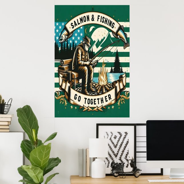 Affiche Saumon & Pêche : Une Journée Au Bord Du Lac (Bureau à domicile)