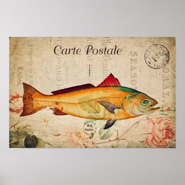 Affiche Saumon vintage Poisson Floral français Illustratio (Devant)