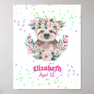Affiche Saupoudrer SLOTH Boho Girls Pink Flowers Cadeaux m
