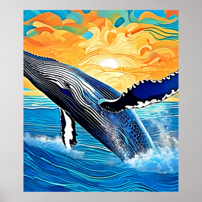 Affiche Saut de coucher de soleil de baleine à bosse Art (Devant)