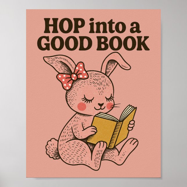 Affiche Sauter dans un bon livre lapin rose lapin (Devant)
