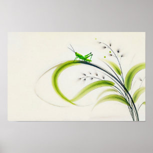 Affiche Sauterelle à l'encre chinoise sur l'herbe