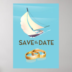 Affiche Sauver la Date yacht vintage et anneaux de mariage
