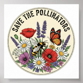 Affiche Sauver le pollinisateur avec abeille, papillon et