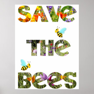 Affiche Sauver les abeilles, lettres fleuries avec abeille