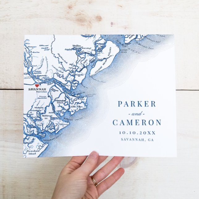 Affiche Savannah GA Map Mariage Keepsaké Mur Art Imprimer (Savannah GA Wedding Map Elegant Keepsake Art Print in navy blue from Coastal Map Designs)