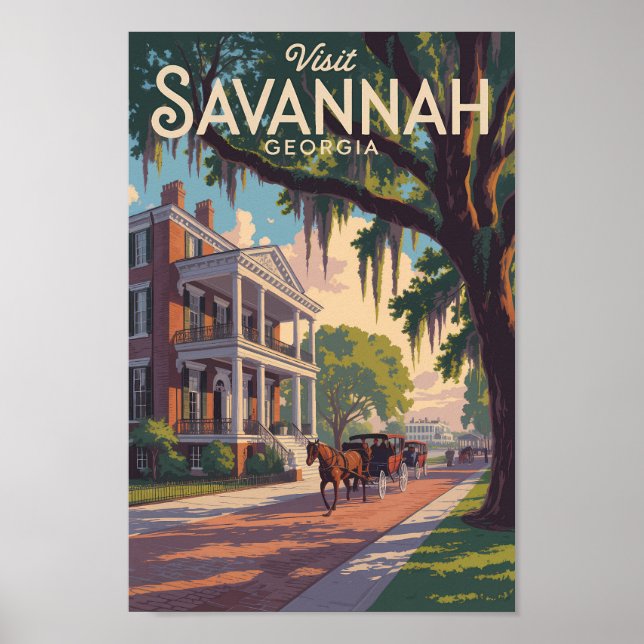Affiche Savannah Georgia Horse Carriage Illustration Retro (Devant)