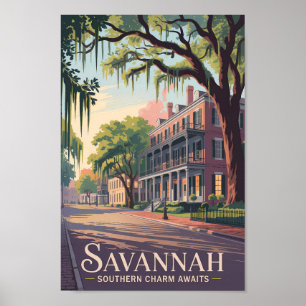 Affiche Savannah Géorgie Illustration Voyage Art Vintage