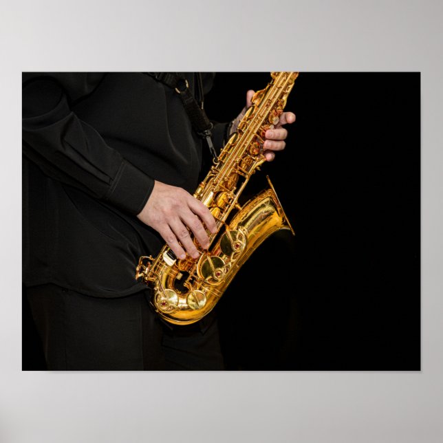 Affiche Saxophone Player mains Saxophoniste jouant du jazz (Devant)