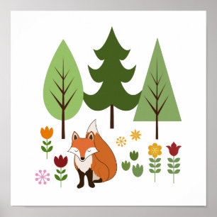 Affiche Scandinavian Style Fox Flowers Trees Illustration