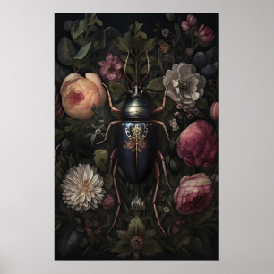 Affiche Scarabée noir dans un jardin de fleurs sombres, In