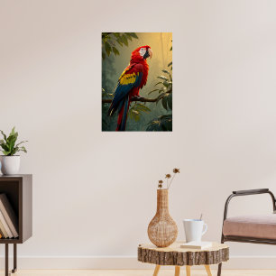 Affiche Scarlet Macaw dans la jungle ensoleillée - Oiseau 